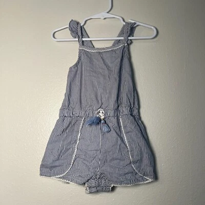 Savannah 24M Romper – Blue & White Stripe Chambray Organic Cotton Ruffle Sleeve - Image 1 of 4