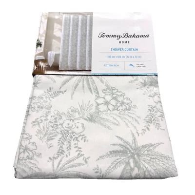 Tommy Bahama Green Pen & Ink Palm Tree Shower Curtain Tropical Flowers Beach - Image 1 of 4