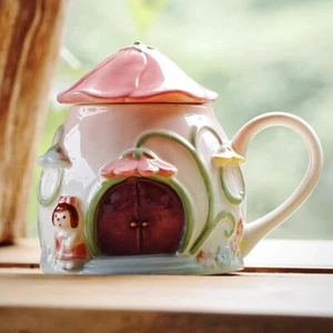 Hand-Crafted Large Ceramic Fairy Cottage Mug with Lid Hand-Painted Flowers Girly - Picture 1 of 8