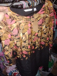 Isaac Mizrahi Größe 10 schwarz orange Blumen Large neu mit Etikett Kleid Satin mittelärmelig fließend - Bild 1 von 1