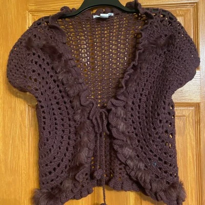 Cárdigan RXB para mujer L granate ganchillo ojales imitación piel recortado manga corta Y2K Foto 1 de 4