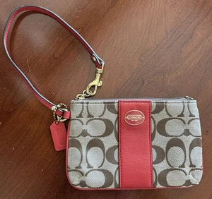 Coach Wristlet Signature Stripe Signature Change Purse Khaki Pink Leather - Picture 1 of 6