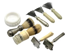 ANTIQUE RAZORS AND ACCESSORIES LOT MILK GLASS BEARD BRUSH GEM MADE RITE - Picture 1 of 10