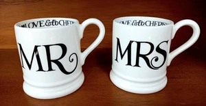 Emma Bridgewater Mr & Mrs Keramiktassen Paar creme schwarz bedruckt 9,5 cm - Bild 1 von 5