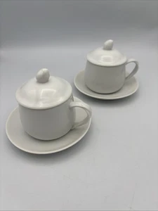 FITZ FLOYD Set/2 White Espresso Demitasse Custard Desert Cups Lids Saucers RARE - Picture 1 of 8