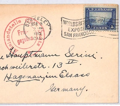 USA TRANSATLANTIC *Panama-Pacific Expo* 5c SF Slogan 5c Cover 1915 Germany YH410 - Image 1 of 4