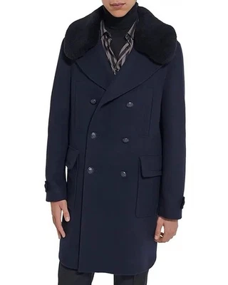 The Kooples Navy Wool Military Coat Sheepskin Collar Dbl Brstd Men Sz M NWT $755 - Image 1 of 4