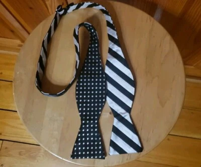 Countess Mara Mens Bow Tie Reversible Adjustable Black/White Stripes/Polka Dots — 第 1/4 张图片