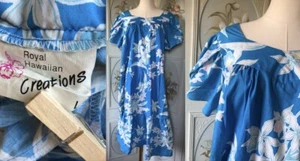 VTG 80s ROYAL HAWAIIAN CREATIONS ALOHA MUUMUU DRESS USA-MADE BLUE PINK FLOWERS L - Picture 1 of 9