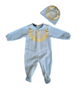 VERSACE cotton romper playsuit set + hat 1000317 light blue - Imagen 1 de 6