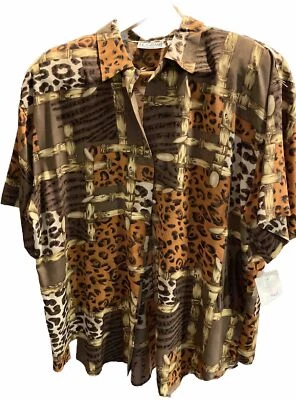 NUEVA BLUSA OCCIDENTAL LE CAVIAR Abotonada Bronceada Estampado Animal Marrón Leopardo Corta Sl. Foto 1 de 4