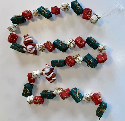 Vtg Handmade Christmas Garland 50’s Chenille Beaded Flocked Santas & Gifts 66”L - Image 1 of 4