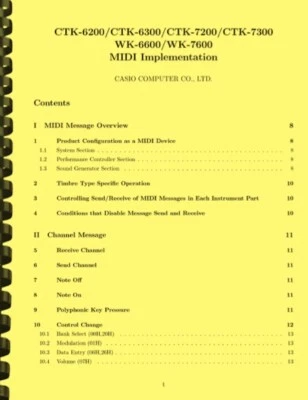 Casio CTK-6200 6300 7200 7300 WK-6600 WK-7600 Keyboard MIDI IMPLEMENTATION  - Image 1 of 4
