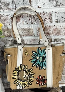 Vintage COACH Limited Edition Straw Burlap Bee Flower Satchel Tote Purse - Picture 1 of 7