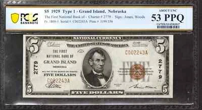 1929 $5 FIRST NATIONAL BANK NOTE GRAND ISLAND NEBRASKA PCGS AU 53 PPQ (243A) - Image 1 of 2