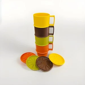 Vtg 70s 4 Tupperware Plastic Coffee Mugs Cups w/ Lids Coasters Harvest Color - Picture 1 of 6