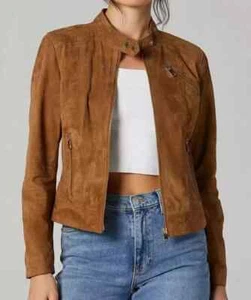 Women's Brown Real Suede Leather Short Biker Jacket Cropp Fit Stylish Jacket - Picture 1 of 11