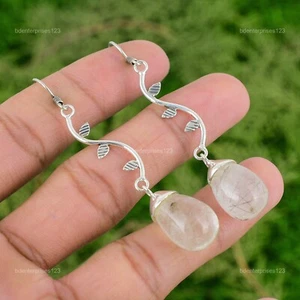 Black Rutilated Quartz Gemstone Sterling Silver Dangle Drop New Earrings Jewelry - Picture 1 of 7