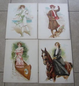 Set of 4 Old Vintage 1908 Antique - VICTORIAN PRINTS - Sporting Girls - Picture 1 of 1