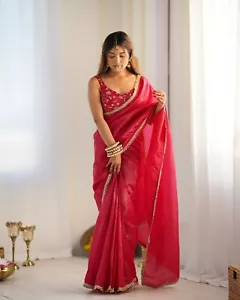 Designer Pre Drapped Saree Blouse Bollywood Party Wear Saree Ready To Wear Sari - Picture 1 of 17