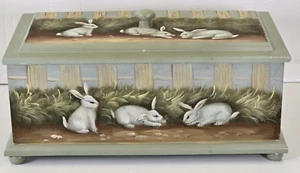 Vtg Hand Painted Wood Box w Lid Velvet Lined Footed 13.5" White Rabbits Mural - Picture 1 of 24
