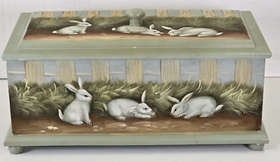 Charming Hand Painted Wood Trinket Box 13.5" Velvet Lined Rabbits Mural Cottage - Image 1 of 4