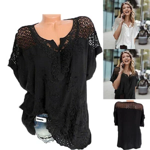 Women Plus Size Loose Blouse Holiday Boho Top Ladies Summer Short Sleeve T-shirt - Picture 1 of 12