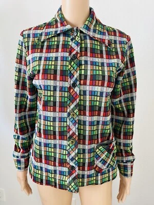 VTG 70s JC Penney Fashions Button Up Poly Tartan Plaid Shirt Top Wide Lapel M** - Image 1 of 4