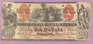 1861 $10 CSA Note, Upham Issue, Contemporary Fac-simile, CT-22, True Auction - Picture 1 of 2