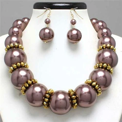 CHUNKY COCOA BROWN PEARL CRYSTAL CIRCLE BEAD GOLD NECKLACE & EARRING SET - Image 1 of 1