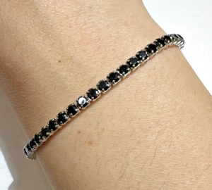 Sterling Silver Black Onyx Color Faceted Crystal Tennis 7.25" Vintage Bracelet - Picture 1 of 5