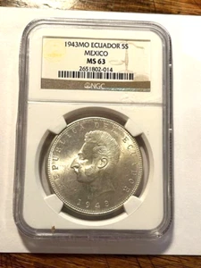 1943-Mo Ecuador 5 Sucres Silver NGC MS63 #14510 - Picture 1 of 4