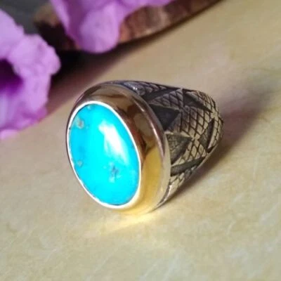 Solid 925 Sterling Silver Natural Blue Arizona Turquoise Gemstone Men's Ring - Image 1 of 4