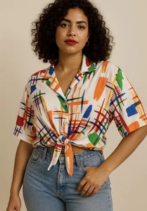 Water Button Up Shirt Womans M Abstract Art To Wear Dopamine Cropped Front Tie - Picture 1 of 5