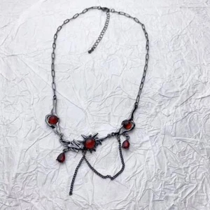 Silver Black Red Zircon Pendant Necklace Punk Collarbone Neck Chain for Women - Picture 1 of 8