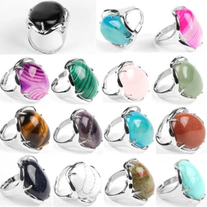Natural Crystal Quartz Oval Gemstone Wedding Finger Ring Adjustable Band Jewelry - Picture 1 of 36