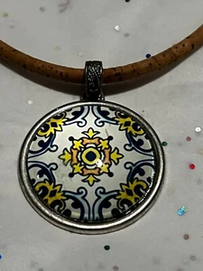 NWOT Portuguese Tile Style Pendant on Cork Necklace 16 Inches Portugal - Picture 1 of 7
