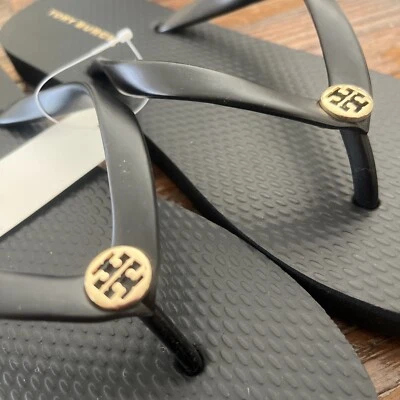 Sandalias Tory Burch Perfectas Negras Finas de Goma 7-7.5 Dorado Logo Reva Foto 1 de 4