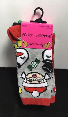 CALCETINES BETSEY JOHNSON CHRISTMAS CREW PARA MUJER PAQUETE DE 4 MRS. CLÁUSULA, CARAMELO, MUÑECO DE NIEVE NUEVO CON ETIQUETAS Foto 1 de 4