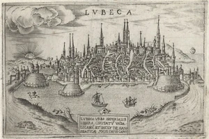 Antike Landkarte "Lubeca" (Lübeck - Deutschland) Francesco Valegio-Rascicotti, um 1598 - Bild 1 von 2
