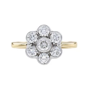 18K Two Tone Gold Natural Diamond Daisy Edwardian Style Cluster Engagement Ring - Picture 1 of 11