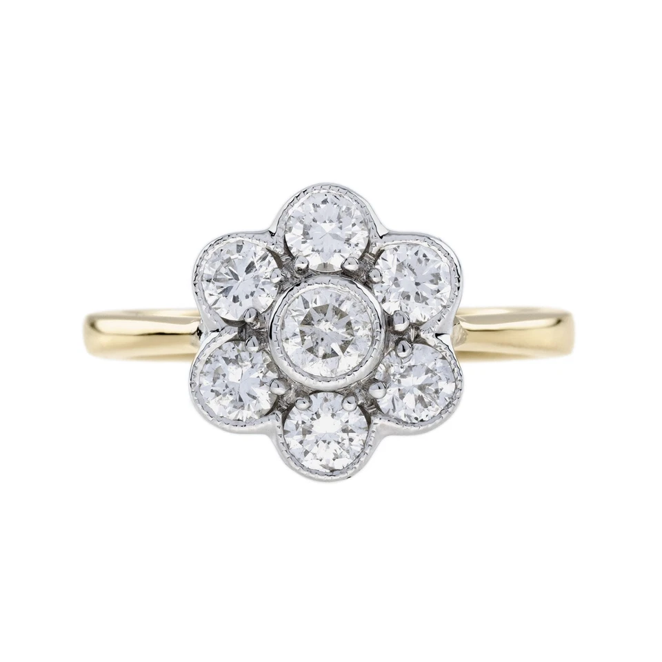 18K Two Tone Gold Natural Diamond Daisy Edwardian Style Cluster Engagement Ring - Image 1 of 4