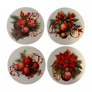 4" Round Ceramic Coaster-Cork Backing-Mix or Match-Red Ornaments-Christmas-Gift - Picture 1 of 10