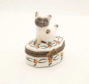 Neue französische Limoges Schmuckschatulle Siamkatze Katze Kätzchen auf schöner Blumenschatulle - Bild 1 von 4