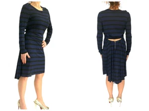 A.L.C.  Schwarz blau gestreiftes Langarm hinten offen Hi Lo Kleid L passt M - Bild 1 von 11