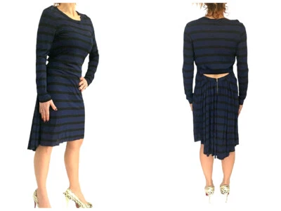 A.L.C.  Vestido Hi Lo preto listrado azul manga longa costas abertas L ADEQUADO PARA M - Imagem 1 de 4