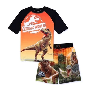 Jurassic World Boys Swimsuit Dinosaur Swim Trunks Rash Guard Shirt Size 5 6 7 8 - Picture 1 of 4