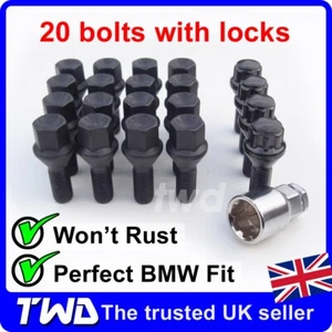 20 PERNOS DE RUEDA DE ALEACIÓN NEGROS + CERRADURAS PARA BMW Z3 Z4 E85 E86 E89 Z4M (M12X1.5) TUERCA - Imagen 1 de 9