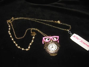 BETSEY JOHNSON OWL WITH CLOCK FRONT AND PINK GLASSES LONG NECKLACE - Picture 1 of 5
