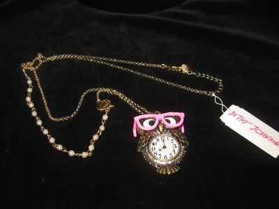BETSEY JOHNSON OWL WITH CLOCK FRONT AND PINK GLASSES LONG NECKLACE - Image 1 of 4